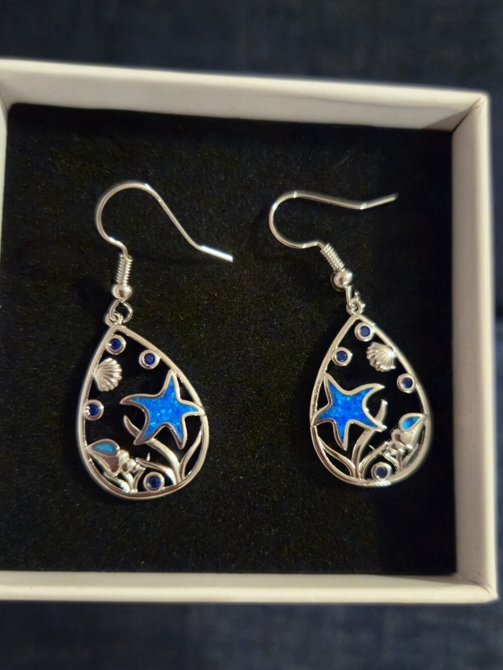 ​Hawaiian Ocean Treasure Blue Fire Opal Inlay Starfish Drop Earrings